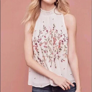 Anthropologie floreat sotra sleeveless mock neck white floral embroidered top m